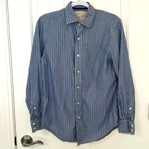 Article 365 broken in shirt, Sz S, men’s blue and white striped shirt
